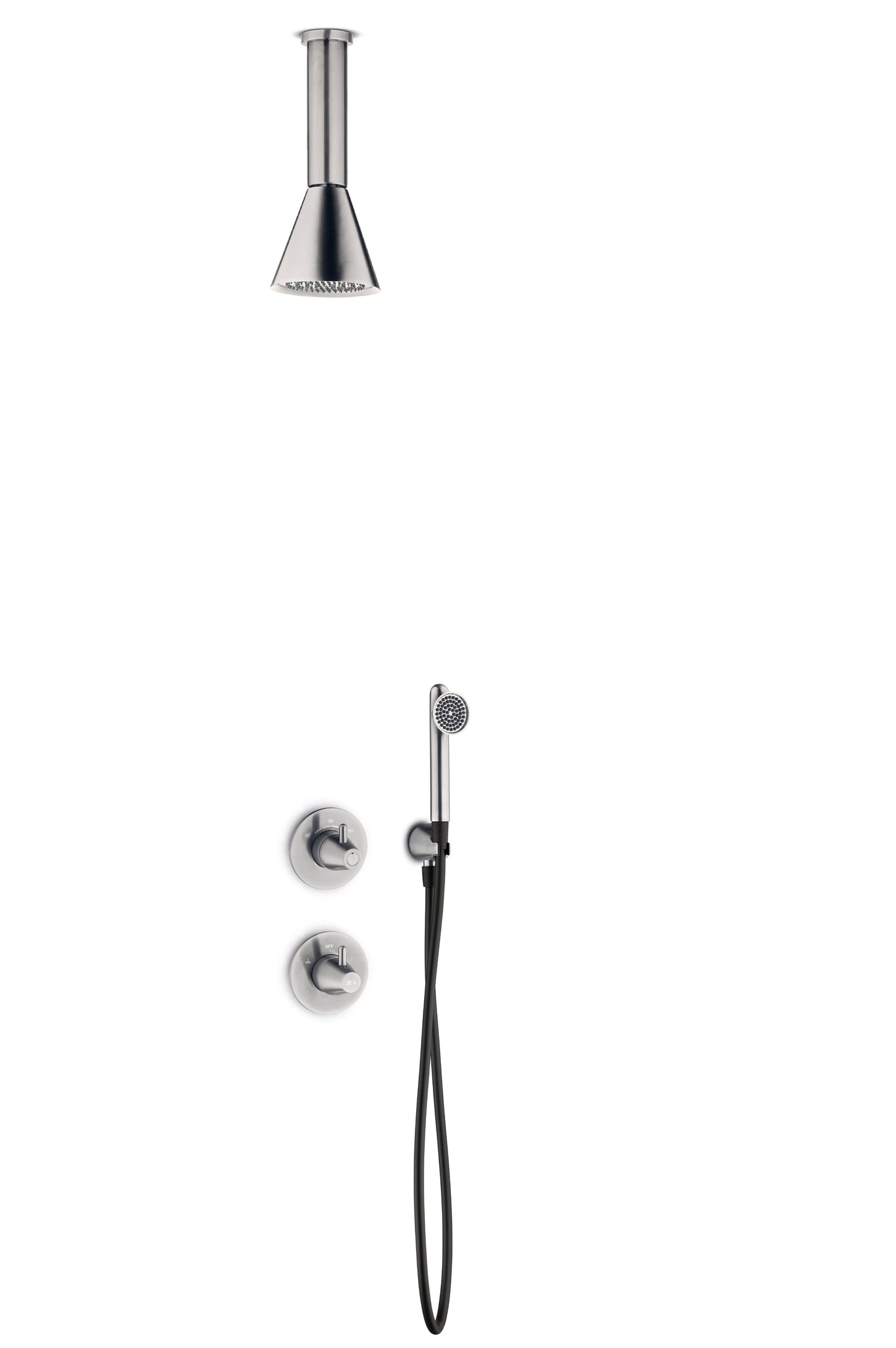 JEE-O Cone Shower Set 04 Ceiling SS with shower, TH mixer, diverter and wall hand/foot shower, brush