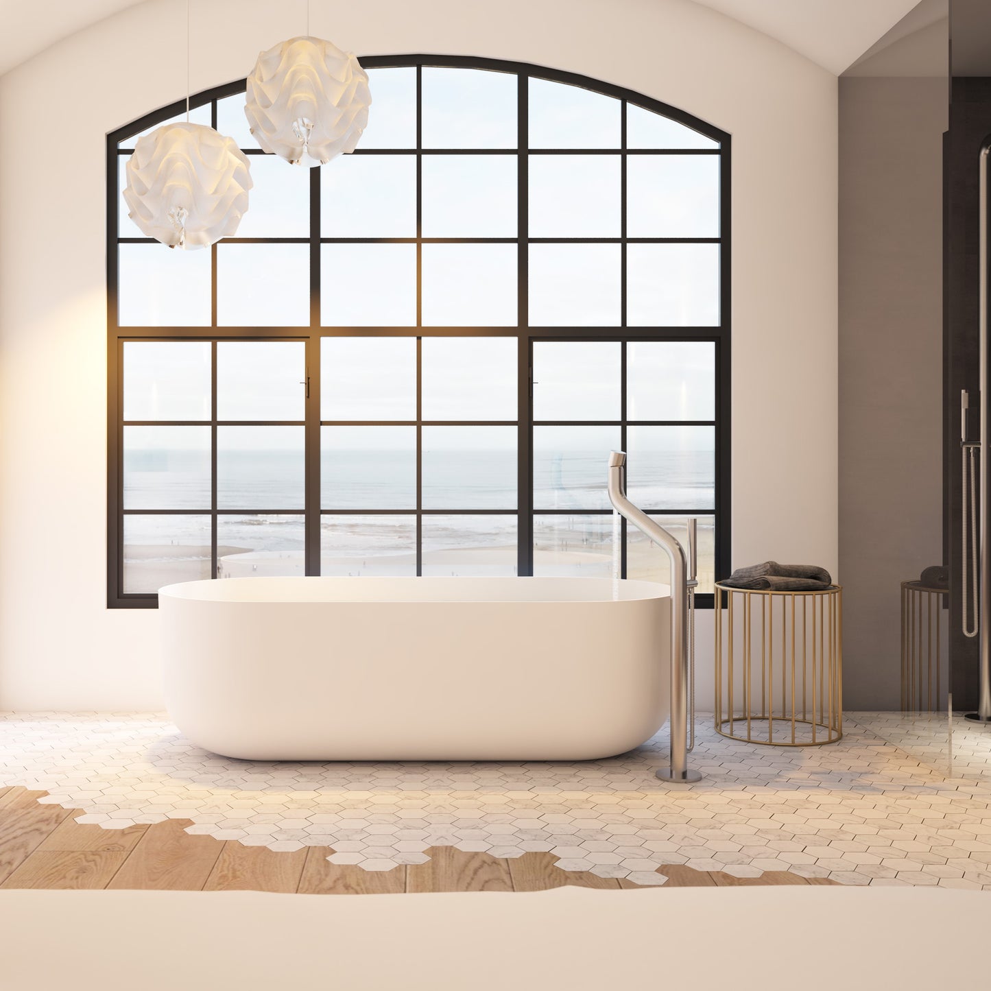 JEE-O Flow Bath Freestanding Matte White with integrated overflow