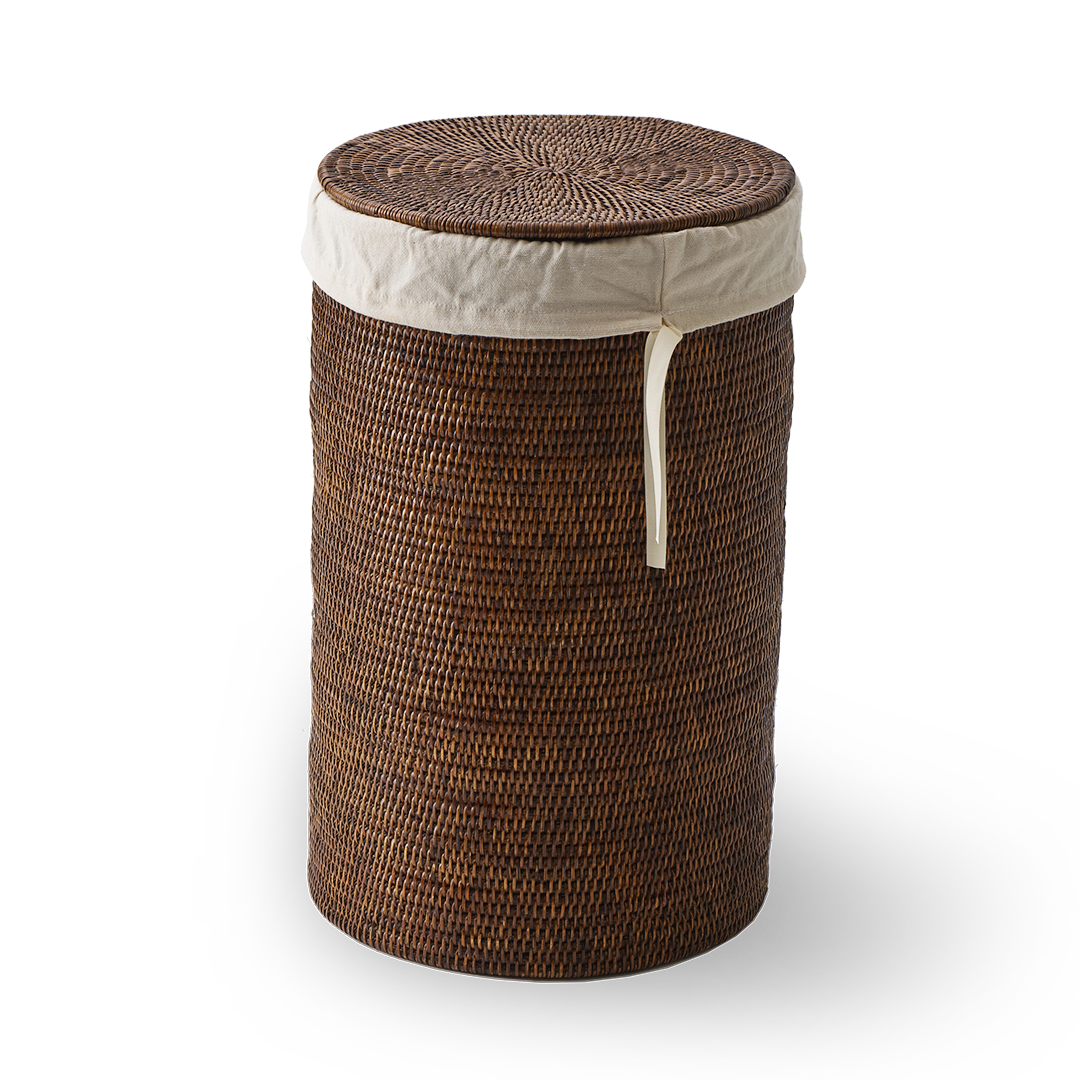 DW BASKET WB SMALL Laundry basket round with cloth bag - Rattan dark