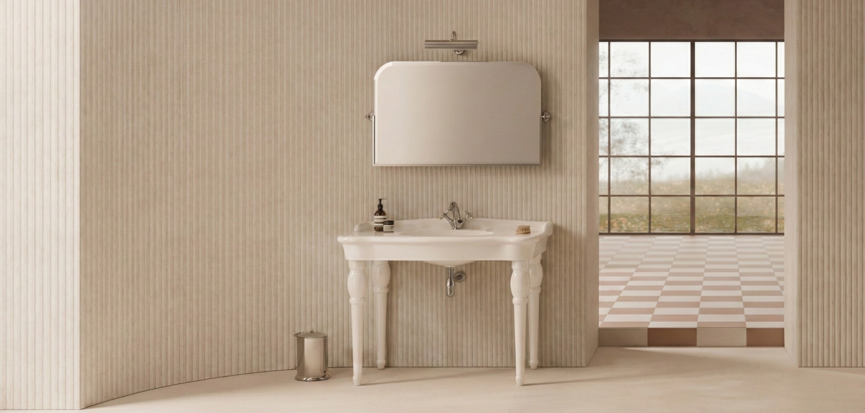Bathroom with a white sink and mirror against a beige wall with a window.