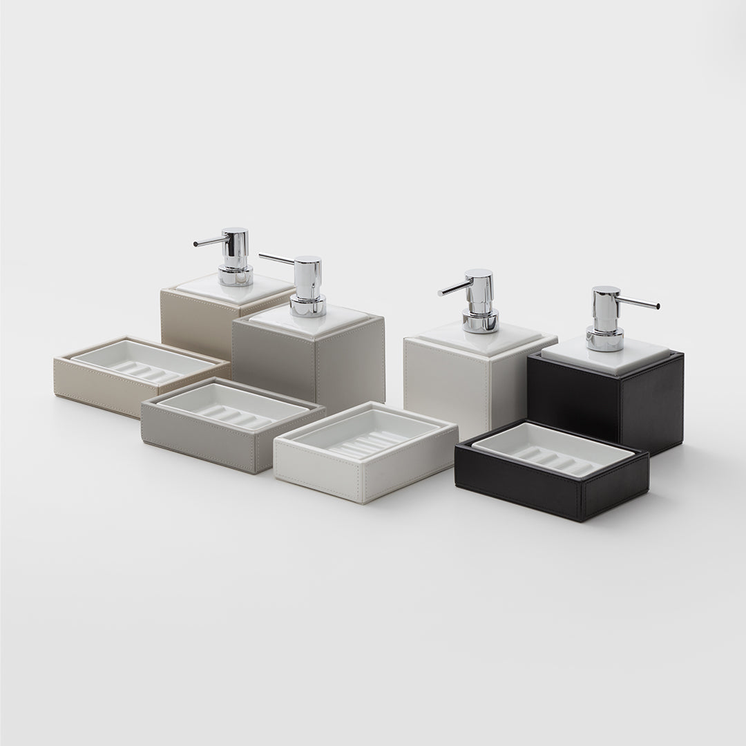 DW BROWNIE SSP Soap dispenser - Vegan Leather Taupe with Porcelain White and Pump - Chrome
