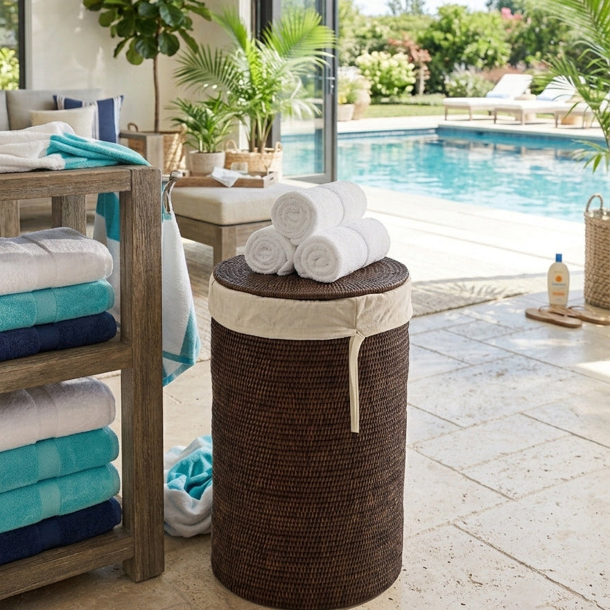 DW BASKET WB SMALL Laundry basket round with cloth bag - Rattan dark