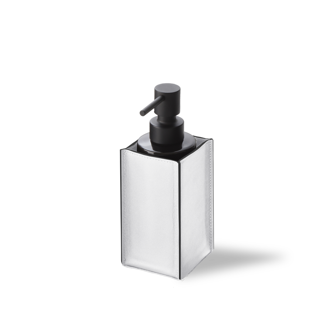 DW NAPPA SSP Soap dispenser - Genuine Leather Snow-White Glass bottle Black / Pump Black Matte